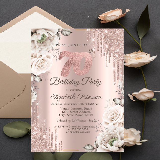 Invitación Rose Gold, Brillos, Flores Blancas Cumpleaños 70 (Subido por el creador)