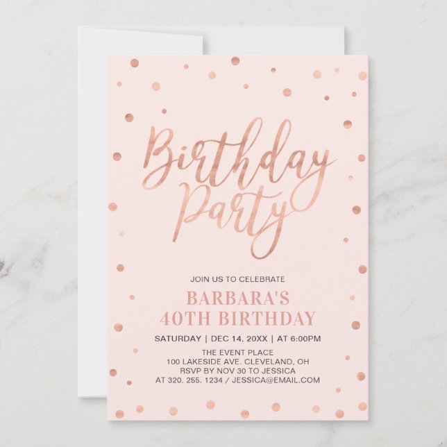 Invitación Rose Gold Confetti & Blush | Fiesta de Cumpleaños  (Anverso)