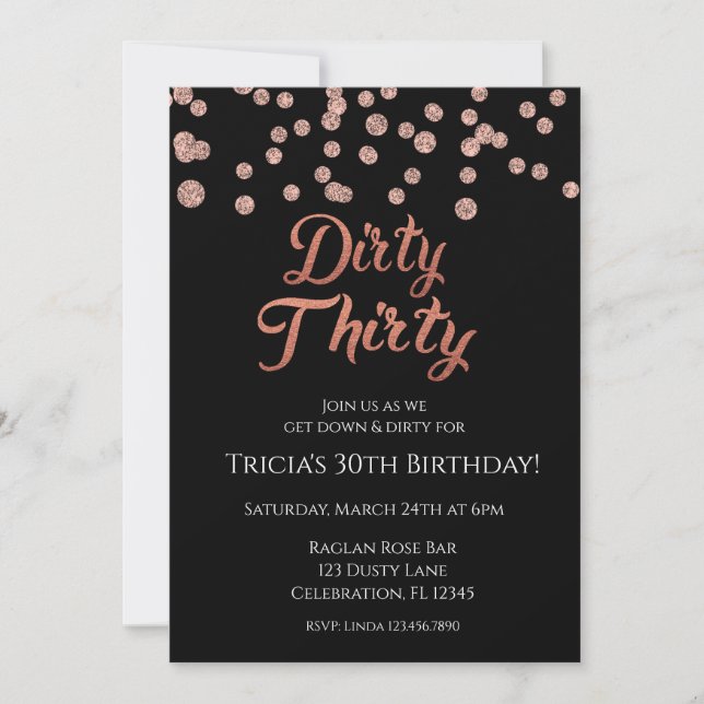 Invitación Rose Gold Confetti Glitter Dirty 30 (Anverso)
