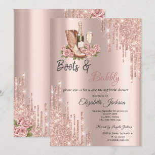 Invitación Rose Gold Drips Wine Boots & Bubbly Bridal