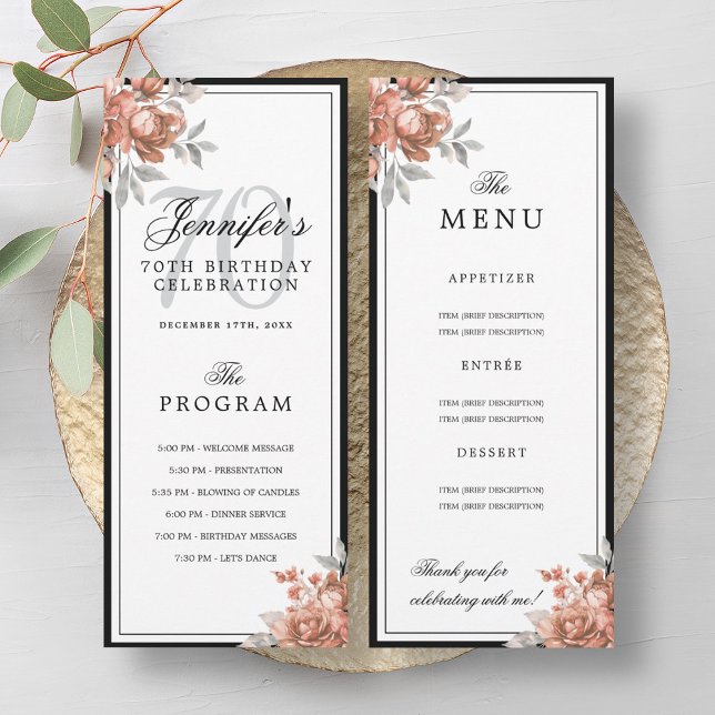 Invitación Rose Gold Floral 70th Birthday Program Menu  (Rose Gold Floral 70th Birthday Program Menu )