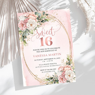 Invitación Rose Gold Floral Eucalyptus Sweet Sixte