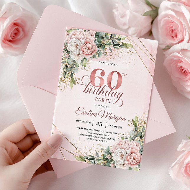 Invitación Rose Gold Floral Gold Frame 60th Birthday Invite (Rose Gold Floral Gold Frame 60th Birthday Invitation)