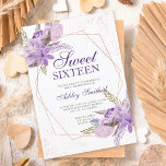 Invitación Rose gold frame purple floral watercolor Sweet 16<br><div class="desc">Rose gold geometric frame and glitter confetti typography Sweet 16 birthday with hand painted greenery watercolor leaf branches ,  purple lavender flowers,  perfect for spring and summer birthday party.</div>