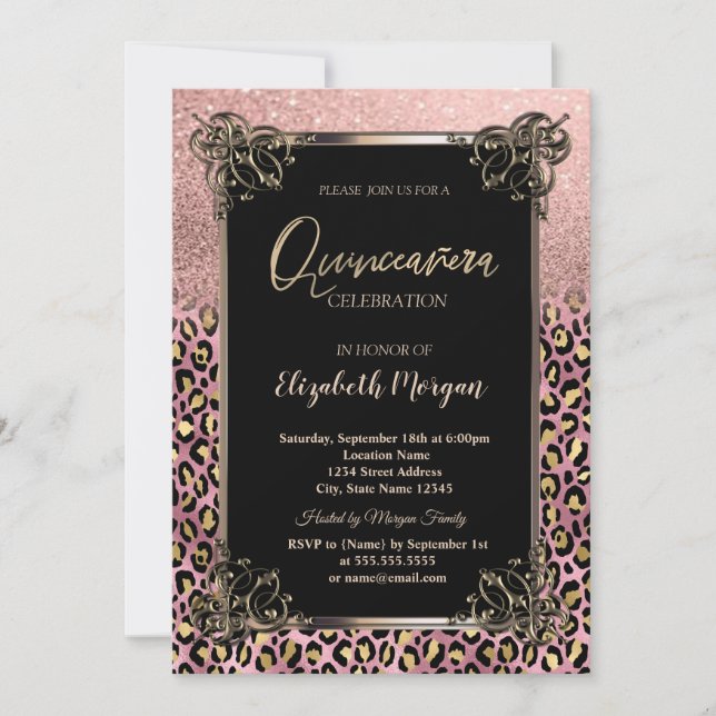 Invitación Rose Gold Glitter Border Leopard Quinceañera (Anverso)