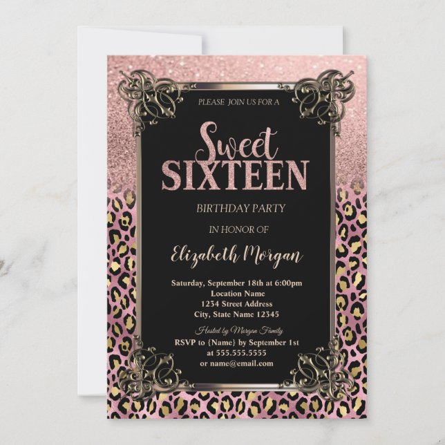 Invitación Rose Gold Glitter Border Leopard Sweet 16 (Anverso)