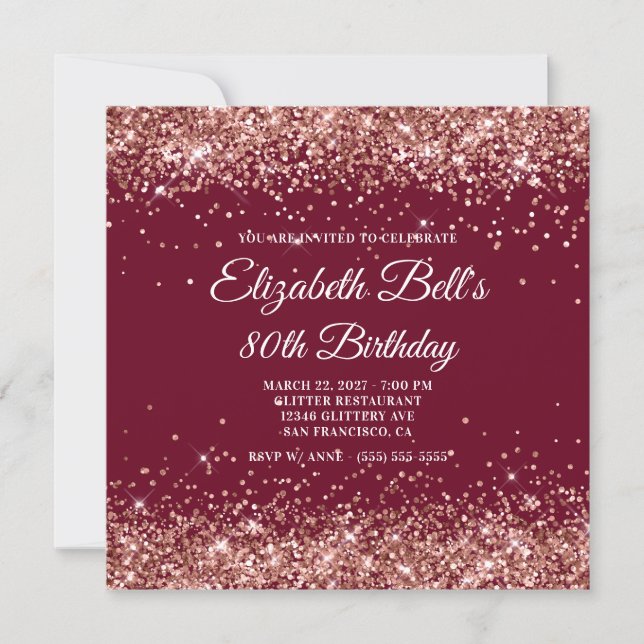Invitación Rose Gold Glitter Burgundy 80th Birthday (Anverso)