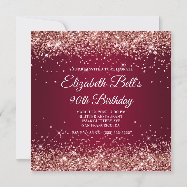 Invitación Rose Gold Glitter Burgundy Ombre 90th Birthday (Anverso)