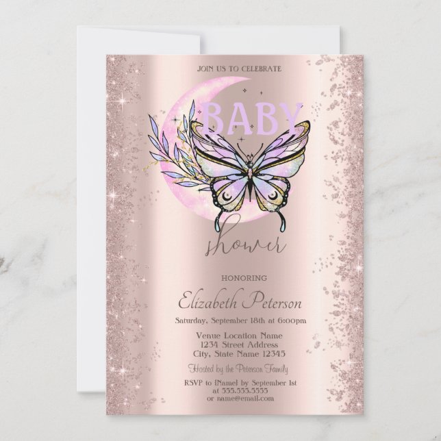 Invitación Rose Gold Glitter Butterfly Moon Baby Shower (Anverso)