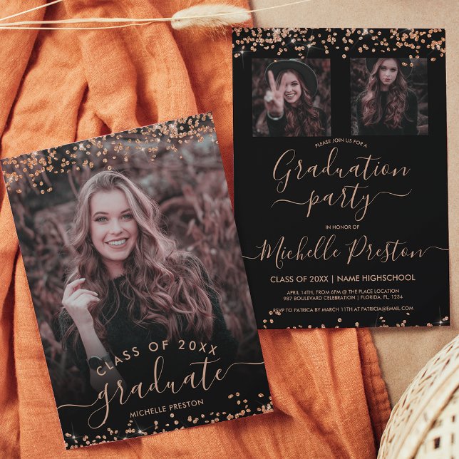 Invitación Rose gold glitter confetti 3 photo graduation (Subido por el creador)