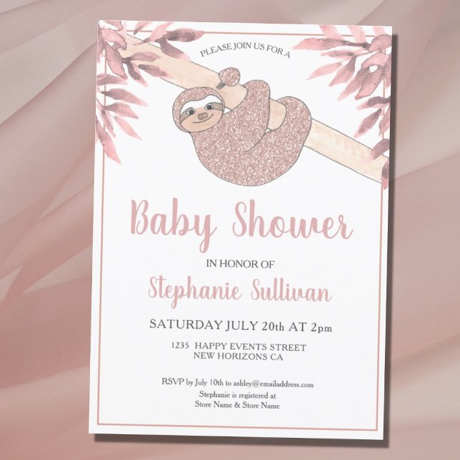 Invitación Rose Gold Glitter Cute Baby Girl Sloth Baby Shower (Subido por el creador)