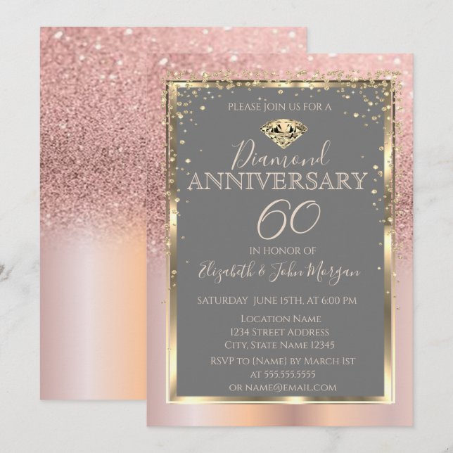 Invitación Rose Gold Glitter Diamantes Boda Aniversario (Anverso / Reverso)