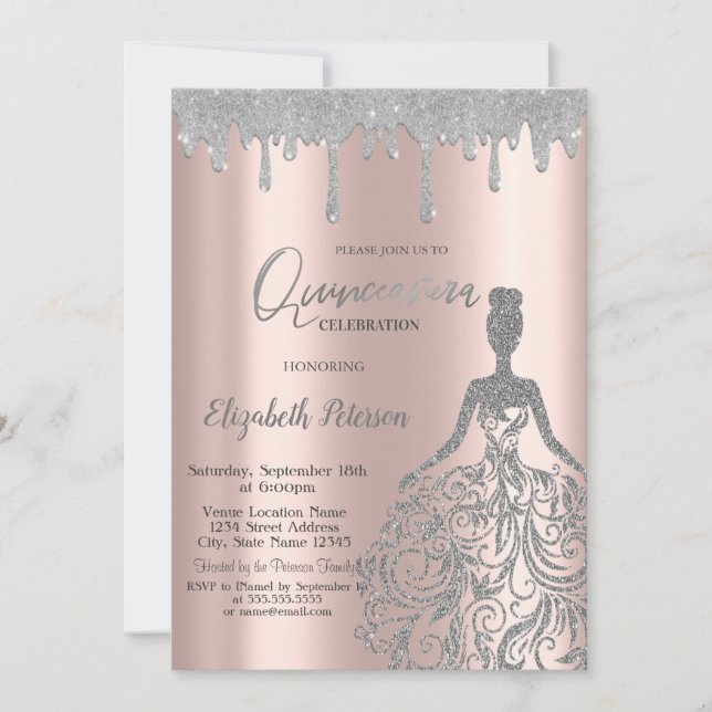 Invitación Rose Gold,Glitter Dress Drips Silver Quinceanera (Anverso)