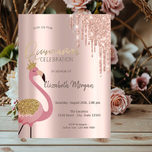 Invitación Rose Gold Glitter Drips Pink Flamingo Quinceañera