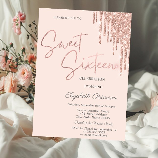 Invitación Rose Gold Glitter Drips Rubor Rosa Dulces 16  (Subido por el creador)