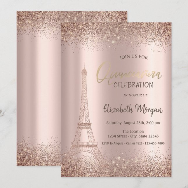Invitación Rose Gold Glitter Eiffel Confetti Quinceañera  (Anverso / Reverso)