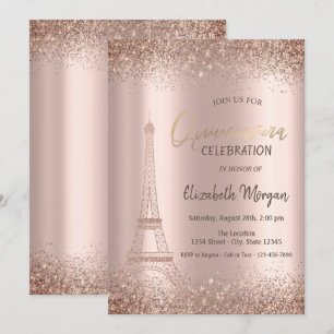 Invitación Rose Gold Glitter Eiffel Confetti Quinceañera 