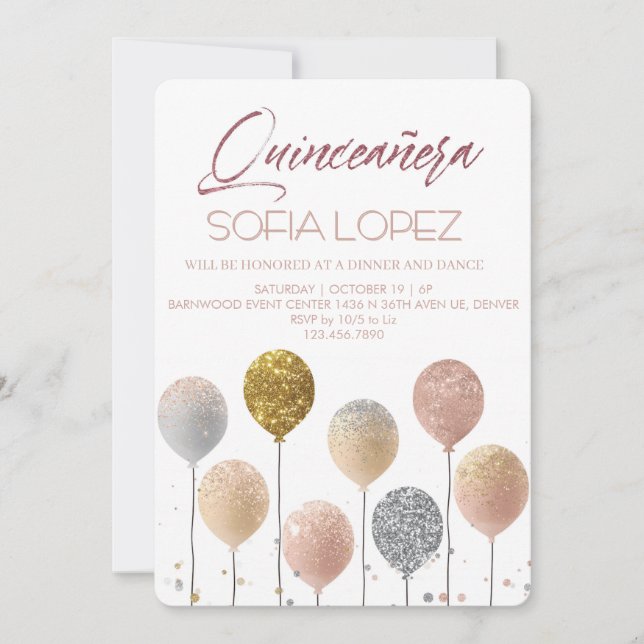 Invitación Rose Gold Glitter Elegant Quinceañera  (Anverso)