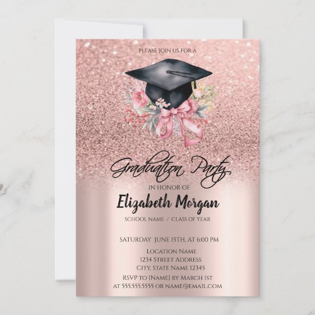 Invitación Rose Gold Glitter Floral Grad Cap Bow Graduation (Anverso)
