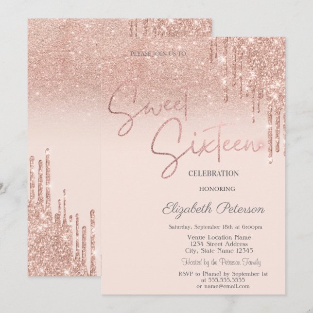 Invitación Rose Gold Glitter, Goteos Dulces 16  (Anverso / Reverso)