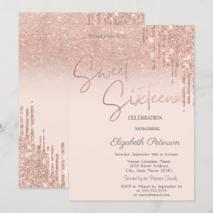 Invitación Rose Gold Glitter, Goteos Dulces 16