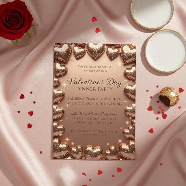 Invitación Rose Gold Glitter Hearts Valentine's Day Party (Subido por el creador)