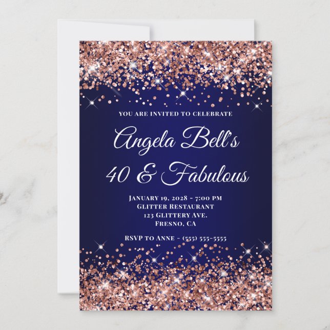 Invitación Rose Gold Glitter Navy Blue Ombre 40 & Fabulous (Anverso)