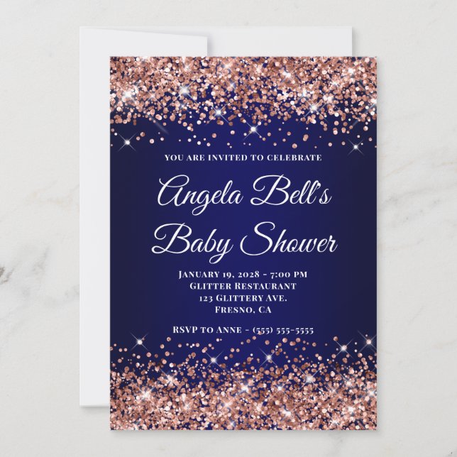 Invitación Rose Gold Glitter Navy Blue Ombre Baby Shower (Anverso)