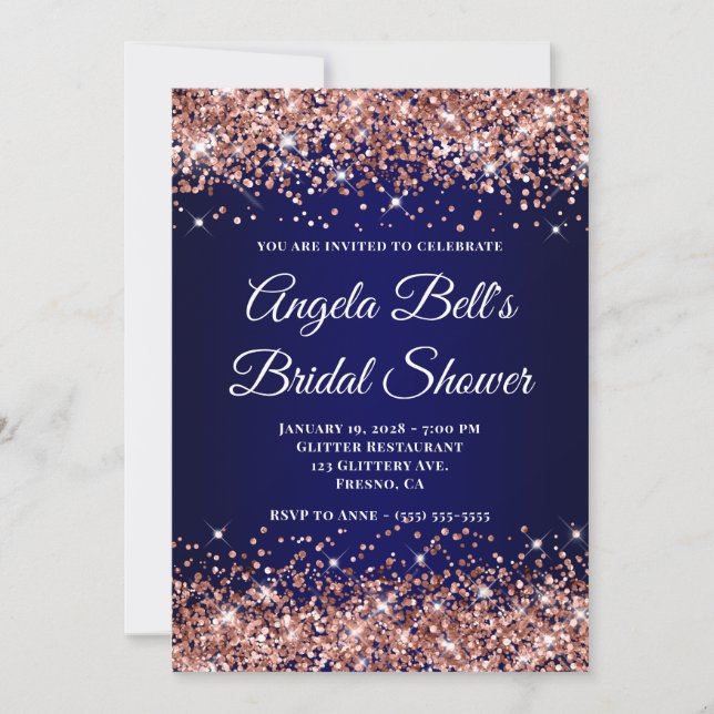 Invitación Rose Gold Glitter Navy Blue Ombre Bridal Shower (Anverso)