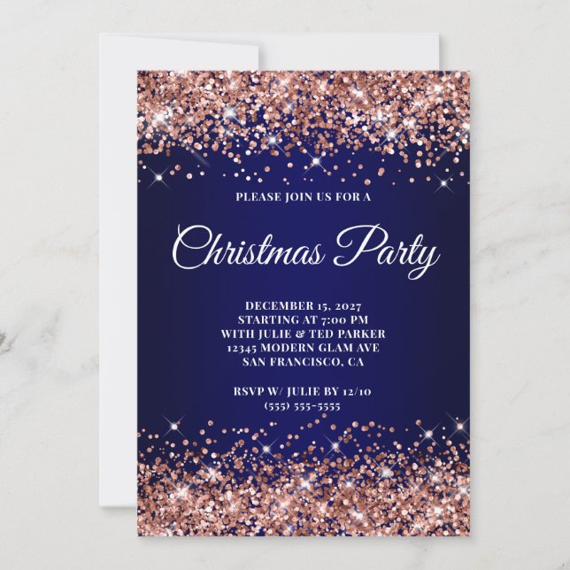 Invitación Rose Gold Glitter Navy Blue Ombre Christmas Party (Anverso)