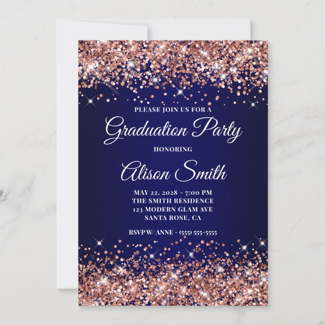 Invitación Rose Gold Glitter Navy Blue Ombre Graduation Party (Anverso)