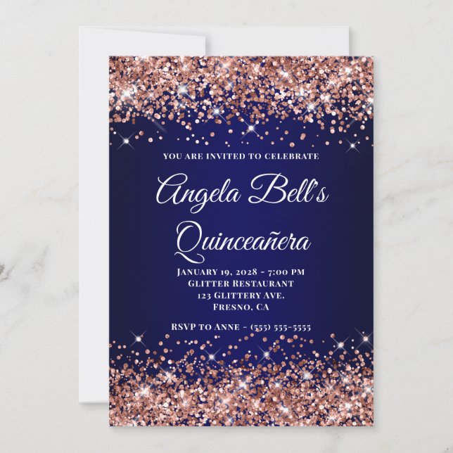 Invitación Rose Gold Glitter Navy Blue Ombre Quinceanera (Anverso)