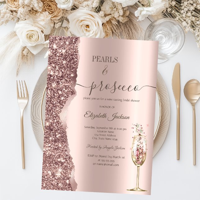 Invitación Rose Gold Glitter Pearls & Prosecco Bridal Shower (Subido por el creador)