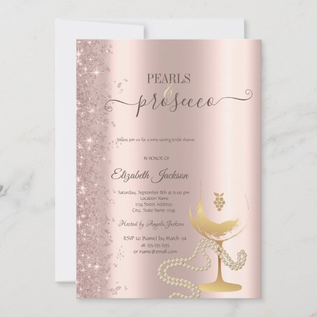 Invitación Rose Gold Glitter Pearls Wine Glass Bridal Shower  (Anverso)
