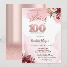 Invitación  Rose Gold Glitter Roses Crown 100th Birthday 