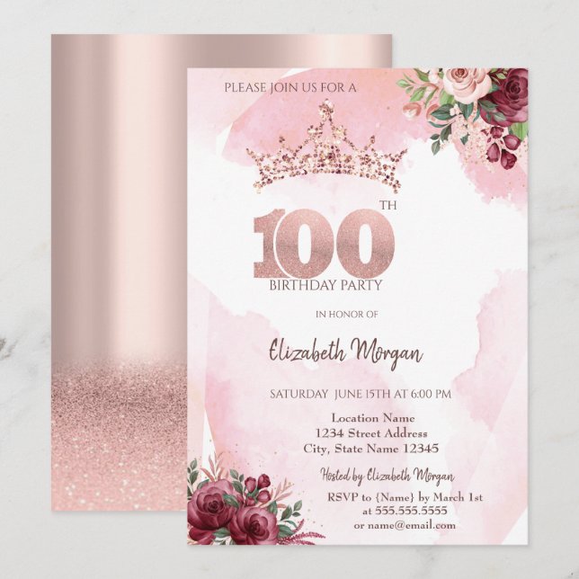 Invitación  Rose Gold Glitter Roses Crown 100th Birthday  (Anverso / Reverso)