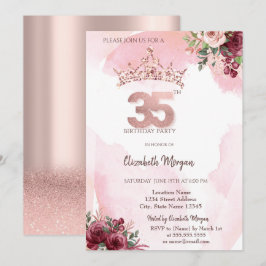 Invitación  Rose Gold Glitter Roses Crown 35th Birthday 