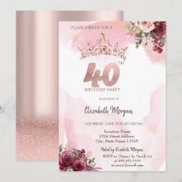 Invitación  Rose Gold Glitter Roses Crown 40th Birthday 