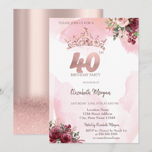 Invitación  Rose Gold Glitter Roses Crown 40th Birthday  (Anverso / Reverso)