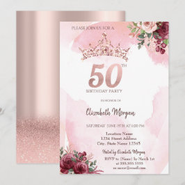 Invitación  Rose Gold Glitter Roses Crown 50th Birthday Party