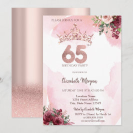 Invitación  Rose Gold Glitter Roses Crown 65th Birthday Party