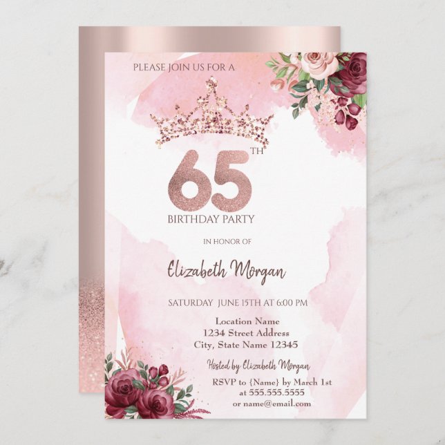 Invitación  Rose Gold Glitter Roses Crown 65th Birthday Party (Anverso / Reverso)