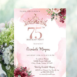 Invitación  Rose Gold Glitter Roses Crown 75th Birthday 