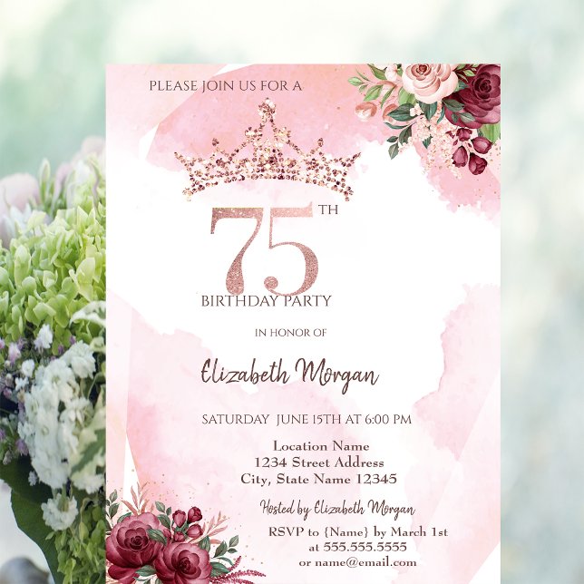 Invitación  Rose Gold Glitter Roses Crown 75th Birthday  (Subido por el creador)
