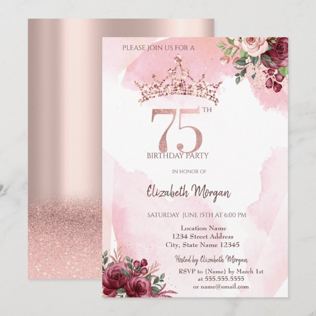 Invitación  Rose Gold Glitter Roses Crown 75th Birthday  (Anverso / Reverso)