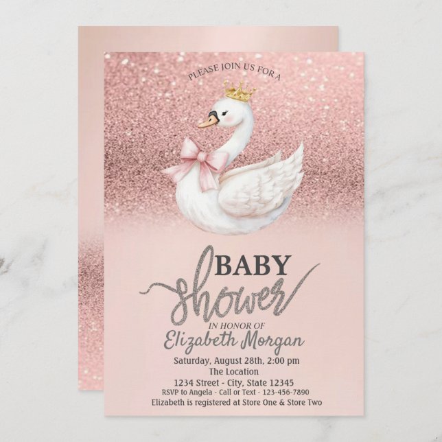Invitación Rose Gold Glitter,Swan Bow Crown Baby Shower  (Anverso / Reverso)