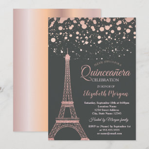 Invitación Rose Gold Glitter Torre Eiffel,Puntos Quinceañera