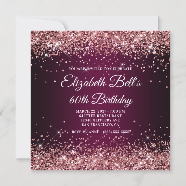 Invitación Rose Gold Glitter Wine Dark Ombre 60th Birthday (Anverso)