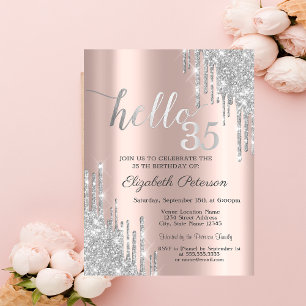 Invitación Rose Gold Goteo de Purpurina Plateada Cumpleaños 3
