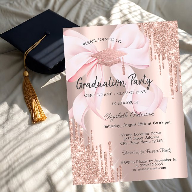 Invitación Rose Gold Grad Cap Drips Bow Photo Graduation (Subido por el creador)